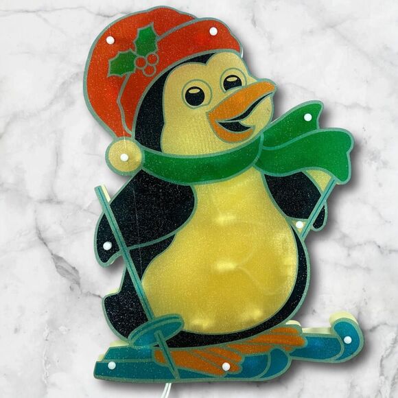VTG Penguin Lighted Christmas Window Door Hanging Decor Sign Plastic Glittery - Picture 2 of 15